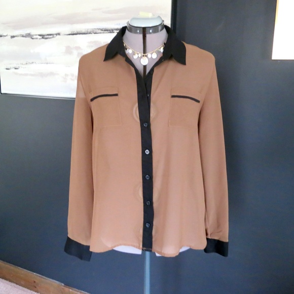 Mine Chiffon Sheer Color Block Button Down Blouse Mocha Mousse and Black Size M - Picture 2 of 10